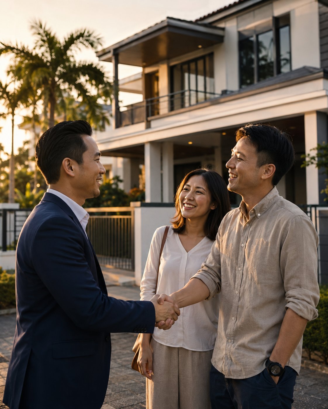 An agent shaking hands with homeowners